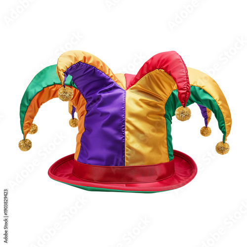 Funny Jester Hat With Colorful Design and Bells on Top Displayed on a White B...