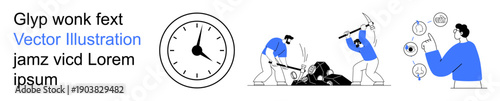 Time management, teamwork, productivity, workplace collaboration, technological advancement, task delegation. Clock, workers breaking rock person interacting with floating icons. Time management