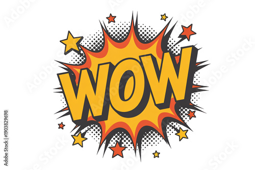 Comic speech bubble with yellow 'WOW' text, red explosion, and halftone dots, isolated on white
