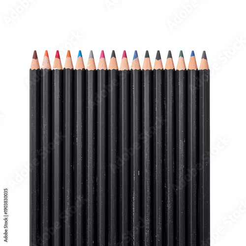 Assorted Colored Pencils Arranged in a Row on a White Background Ready for Us...