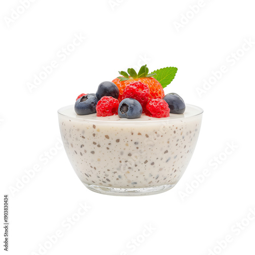 Chia Pudding Topped With Fresh Berries Served in a Clear Glass Bowl for a Hea...