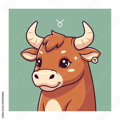 Cartoon Cow Head with Taurus Symbol.