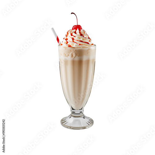 Milkshake With Whipped Cream and Cherry Served in a Glass