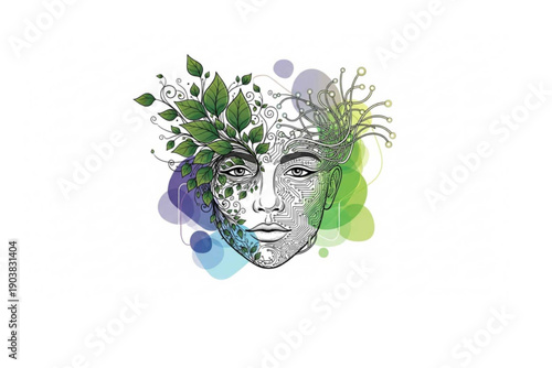 Nature and Technology: A fusion of organic and digital realms come to life as a portrait showcasing the convergence of nature and technology. This image illustrates the seamless integration of human.