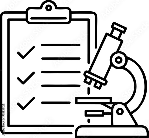 Laboratory research line art icon, microscope with medical test results on clipboard, science and healthcare minimalist vector