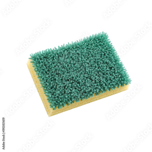 Cleaning Sponge Used for Kitchen Tasks on a Plain White Background