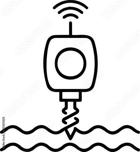 Smart drilling and soil sensor line art icon, autonomous industrial drill with wireless signal and wavy ground lines, minimalist technology vector