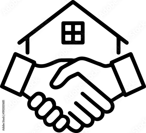 Real estate handshake line art icon, home buying agreement and property deal partnership, minimalist house sale vector illustration