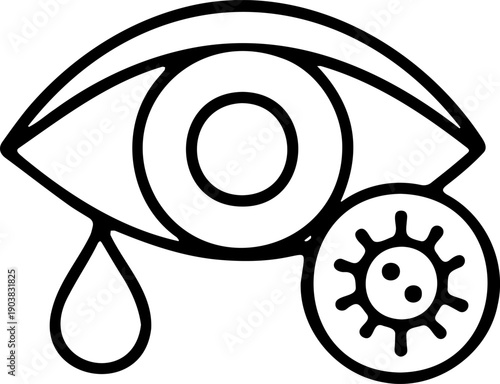 Human eye infection line art icon, viral conjunctivitis with tear drop and virus cell, minimalist medical ophthalmology vector illustration