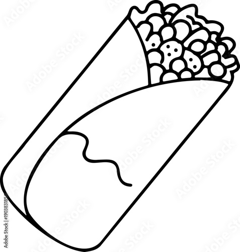 Mexican burrito or shawarma wrap line art icon, traditional tortilla roll with meat and vegetables, minimalist fast food vector illustration