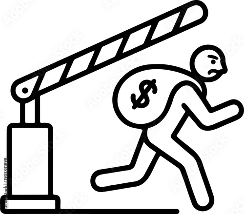 Burglar escaping through security gate line art icon, thief running with money bag past parking barrier, minimalist crime and security vector illustration