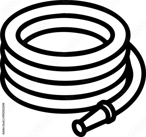 Coiled garden hose line art icon, flexible water pipe with spray nozzle for gardening and irrigation, minimalist outdoor yard work vector illustration