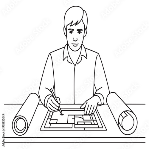 Architect professional working on technical house blueprint design project drawing line sketch illustration for construction planning engineering site layout development architectural work