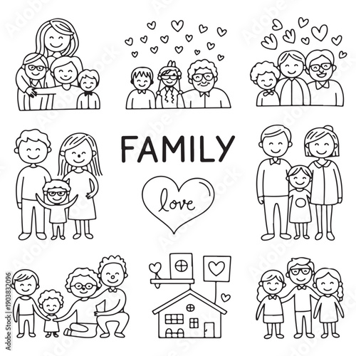 Collection of simple black and white line drawings depicting diverse family groups together with house and love symbols