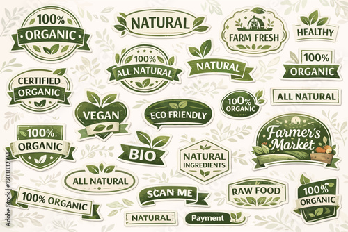 Collection of colorful organic natural and healthy food product labels and badges