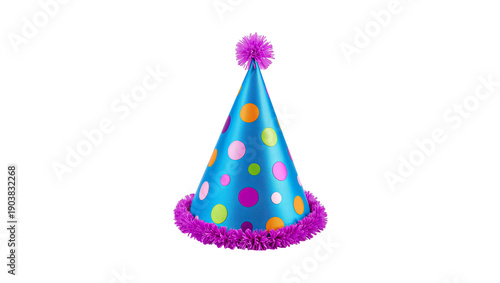 Birthday Party Hat With Colorful Dots and Pom Pom Displayed on White Background