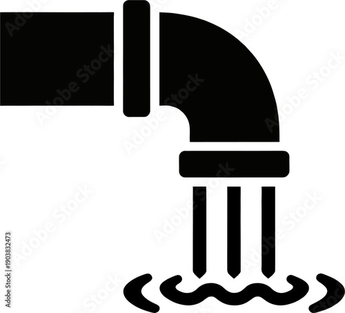 Sewage Drain Pipe Flow Icon, Wastewater Discharge Silhouette Vector, Minimal Black Symbol