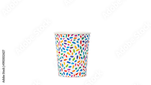 Colorful Paper Cup Filled With Liquid Sits on a Table at a Cafe During an Aft...