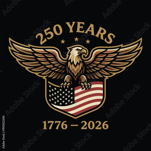 "USA 250 Years Anniversary Golden Eagle Emblem with American Flag Shield Vector Design