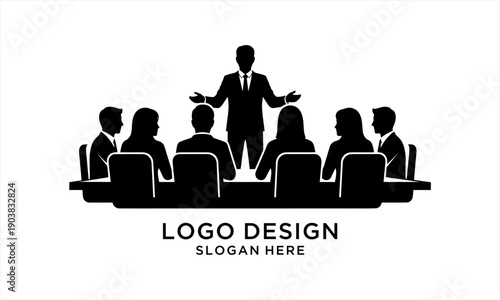 Business meeting silhouette with a speaker addressing a group of seated professionals.
