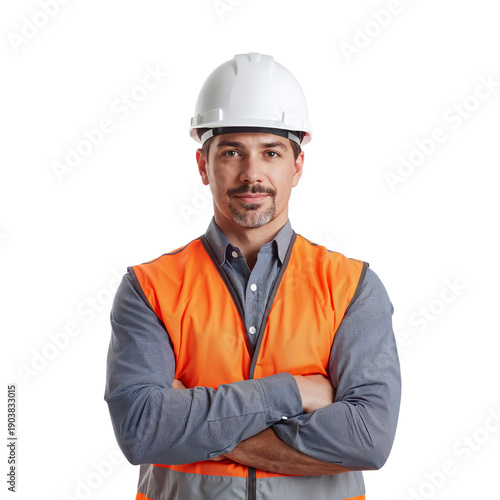 Man in Safety Vest and Hard Hat Stands With Arms Crossed at Construction Site