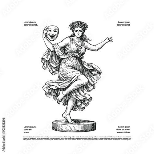 Vintage Engraving Style Illustration of the Muse of Drama Holding a Comedy Mask