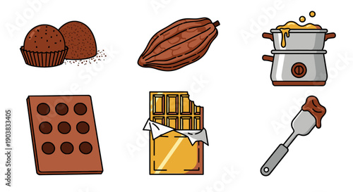 Illustration of baking ingredients and tools including chocolate muffins, cocoa pod, saucepan, muffin tray, butter, and spatula arranged neatly on a clean surface from a top view.