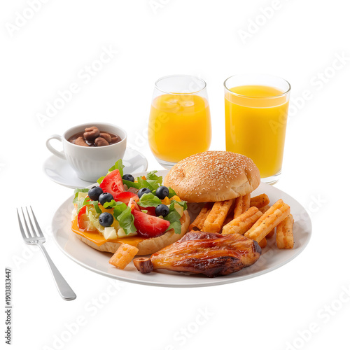 Breakfast With Salad, Chicken, and Drinks Served on a Plate at a Table