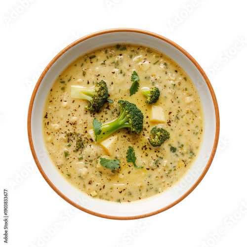 Broccoli Soup Served in a White Bowl With Spice Topping and Garnish of Green ...