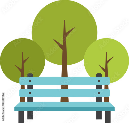 A serene bench surrounded by trees in a peaceful park landscape viewed from the front