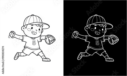 Cute cartoon boy playing baseball in a dynamic pose.