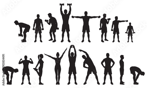 Fitness Exercise Silhouette Set Workout and Stretching Poses