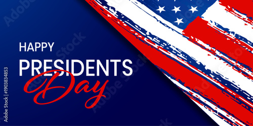 Presidents Day Banner with Bold typography and dynamic American flag brush strokes. Clean patriotic design for USA holiday posters, ads and social media content.