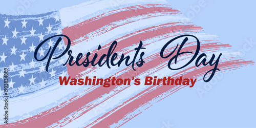 Happy Presidents Day patriotic usa holiday banner with Bold typography and dynamic American flag brush strokes. Clean patriotic design for USA holiday posters, ads and social media content.