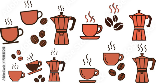 Collection of stylized vector icons representing steaming hot coffee cups espresso makers and roasted beans for beverage design