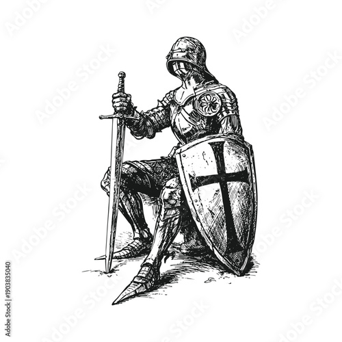 Vintage Medieval Knight in Full Armor with Sword and Crusader Cross Shield