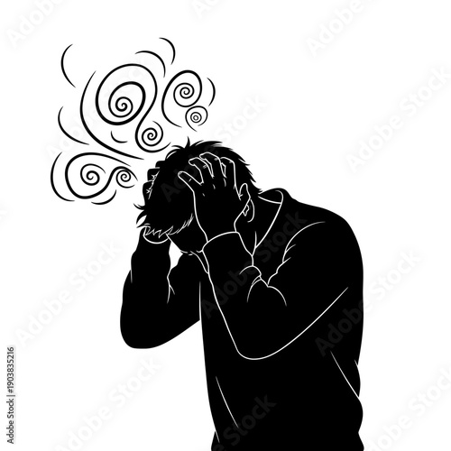 Man experiencing stress with swirling thoughts above head