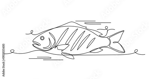 Continuous line drawing of fish with flowing water elements. No editable strokes