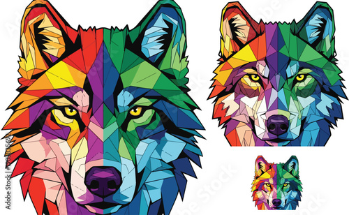 Vibrant polygonal wolf head illustrations feature striking geometric designs showcasing intense gaze and brilliant multicolored patterns on a black background