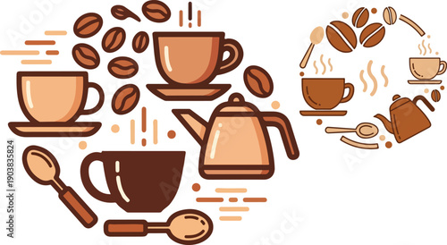 Stylized flat design illustration showcasing various warm coffee cups teapots and scattered roasted beans arranged in artistic circular patterns