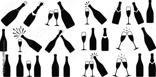 Champagne bottle and glass silhouette icon set illustrating celebration, party toast, sparkling wine moments, festive nightlife, luxury event design, concept