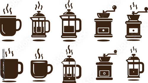 Collection of dark brown stylized icons representing various coffee brewing equipment and hot beverages for cafe menus