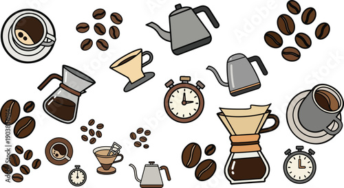 A delightful pattern showcasing various essential coffee brewing equipment and roasted beans against a dark background design