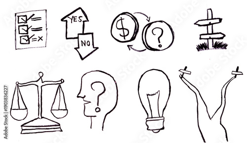 Wallpaper Mural Decision making sketch icon collection in black. Set of direction signs, idea bulb, balance scale, checklist, choice arrows and question icons in doodle style Torontodigital.ca