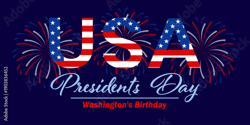 Patriotic USA Presidents Day Banner with American flag typography, fireworks and festive lettering. Ideal for Washingtons Birthday promotion, holiday poster, greeting card and social media design.