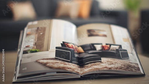 Modern interior design catalog showcasing sleek black leather sofa with colorful pillows and shaggy rug in stylish living room setting beautifully photographed.