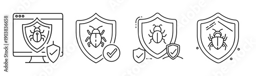Computer screen with antivirus shield and bug icons for malware protection.