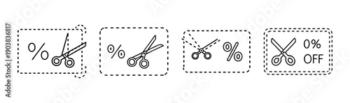 Set of four icons with scissors cutting dotted lines on coupons for discounts