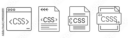 Set of four icons representing CSS code and web development file formats