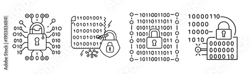 Data encryption icons with binary code and padlocks, abstract security concept.